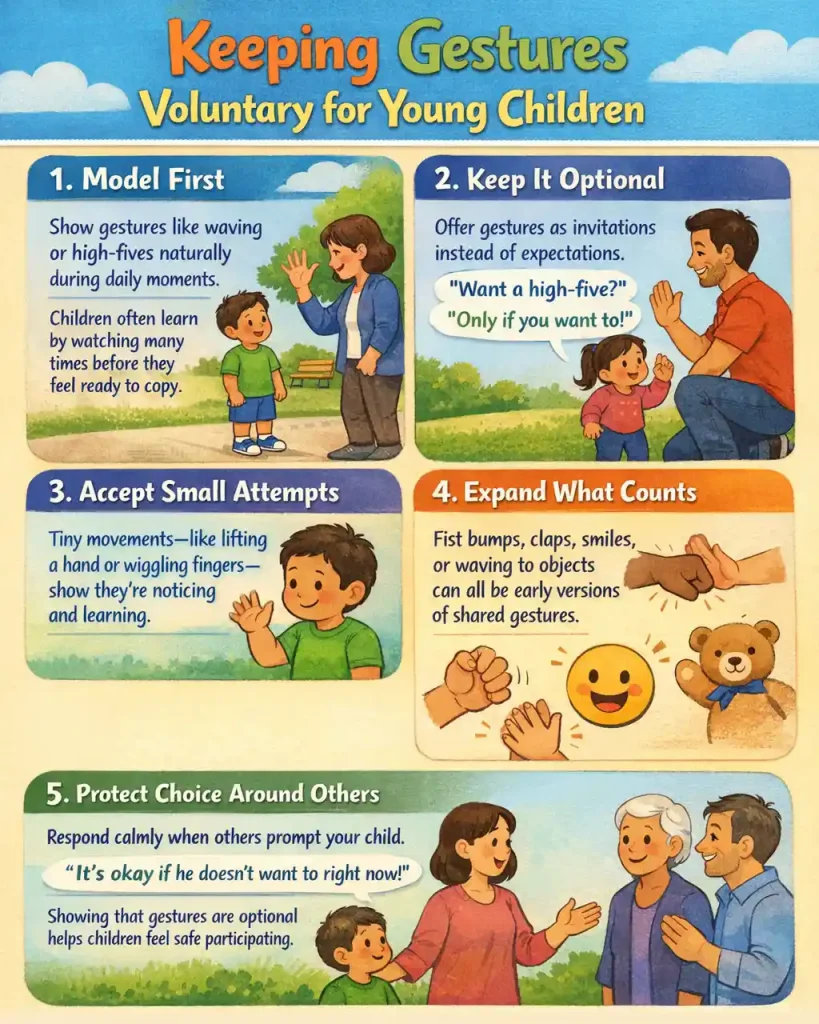 Parent encouraging a child while teaching high-fives and waves during a playful interaction