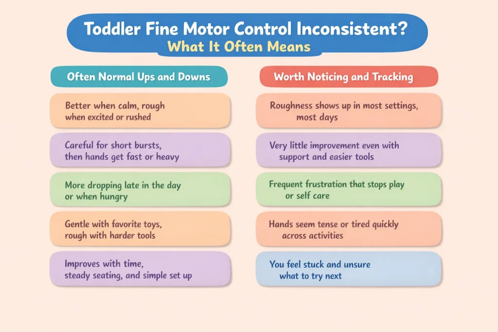 Toddler fine motor control inconsistent infographic comparing normal ups and downs vs patterns worth tracking