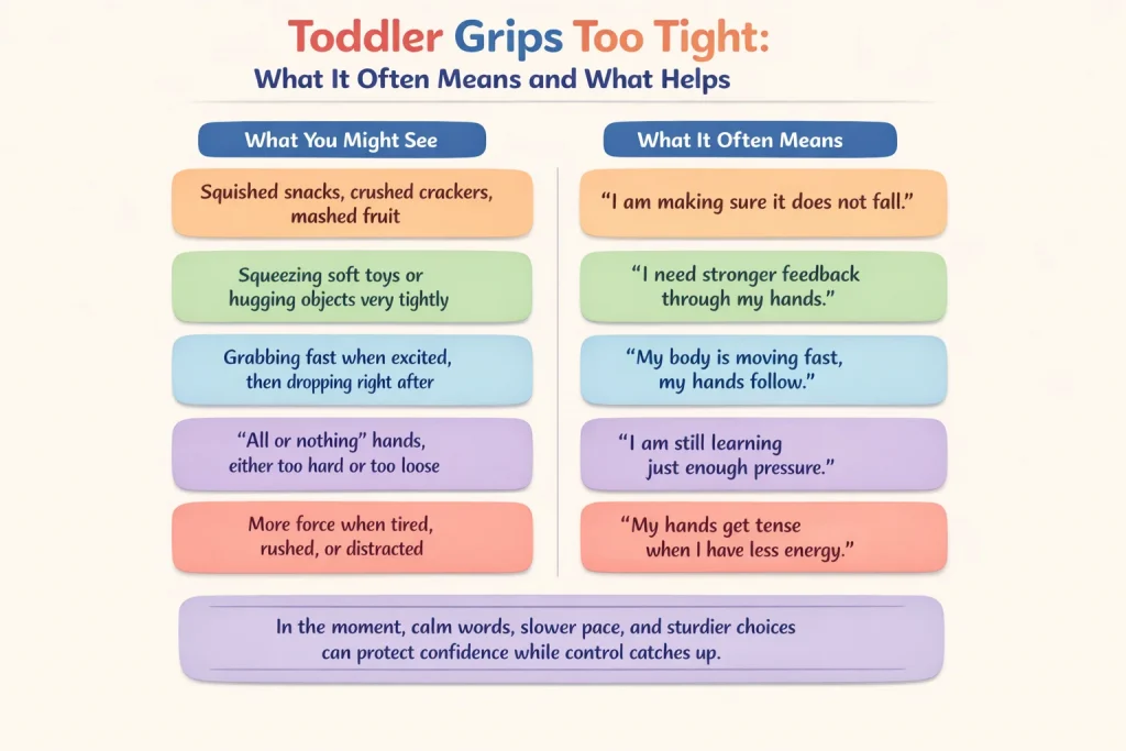 toddler grips too tight infographic showing common reasons for tight grasp and gentle parent responses