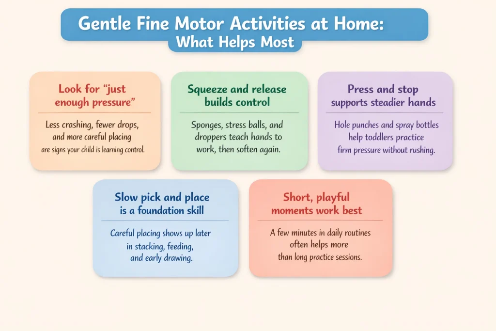 Gentle fine motor activities at home infographic showing what helps toddlers build gentle hands through play