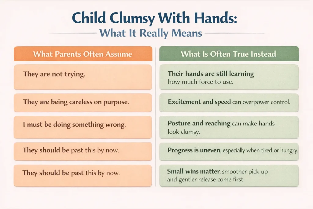 Child clumsy with hands infographic comparing parent worries with common, reassuring reasons and what progress can look like.