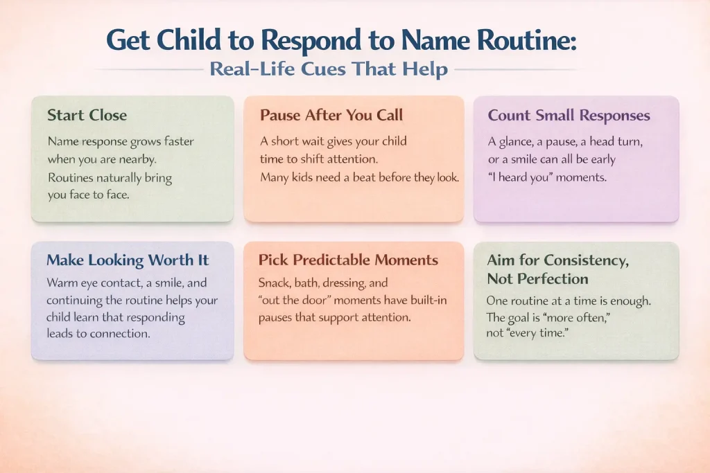 get child to respond to name routine infographic showing routine moments, pausing, and rewarding connection