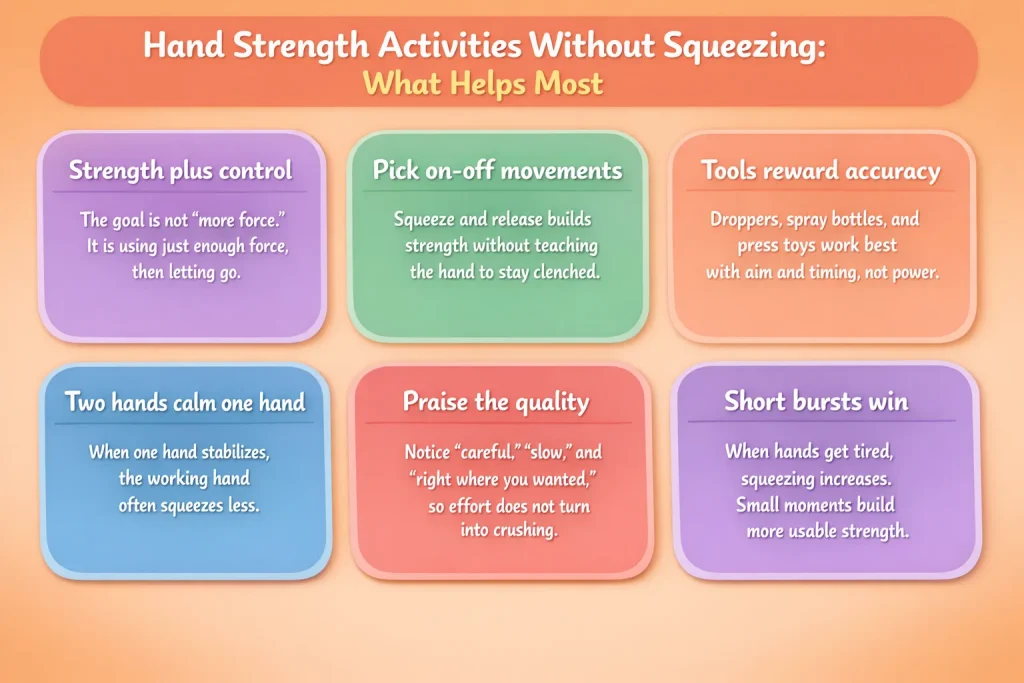 hand strength activities without squeezing infographic showing 6 parent tips to build strength while improving control