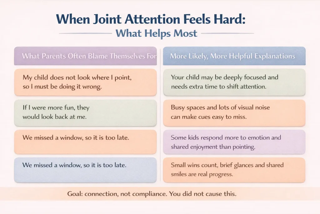 When joint attention feels hard, this infographic compares common parent guilt with more helpful explanations and small wins