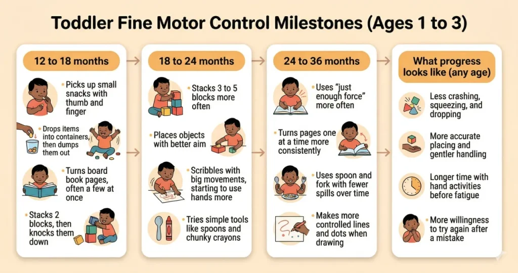 toddler fine motor control milestones timeline showing common hand skills from 12 to 36 months and what progress can look like