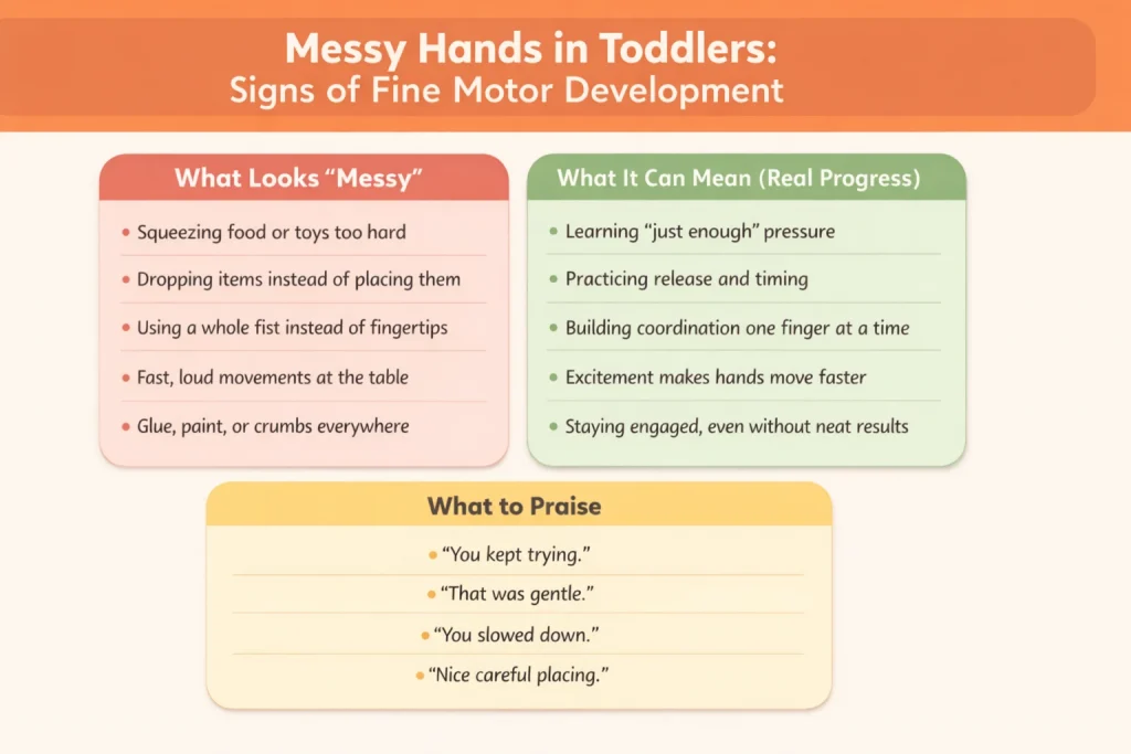  toddler fine motor messy hands infographic showing messy signs vs real fine motor progress and what to praise