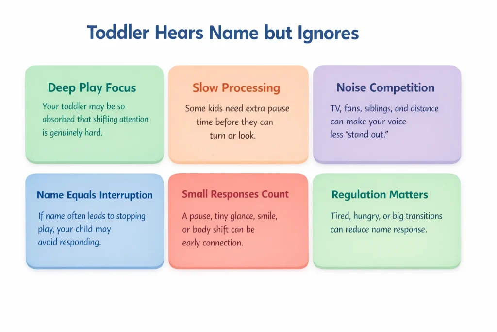 Toddler hears name but ignores infographic showing common everyday reasons and small responses that still count