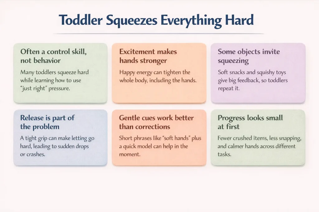 Toddler squeezes everything hard infographic explaining common reasons and gentle cues for softer hands