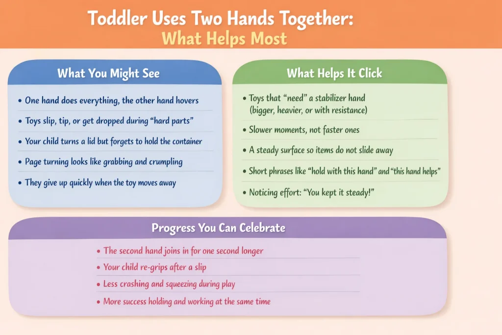 toddler uses two hands together infographic showing helper hand signs, easy toy swaps, and supportive parent language