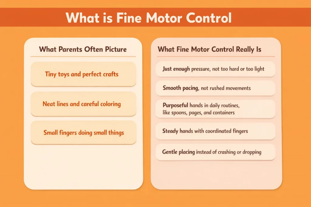 What is fine motor control infographic showing pressure, pacing, and purposeful hand use in daily routines