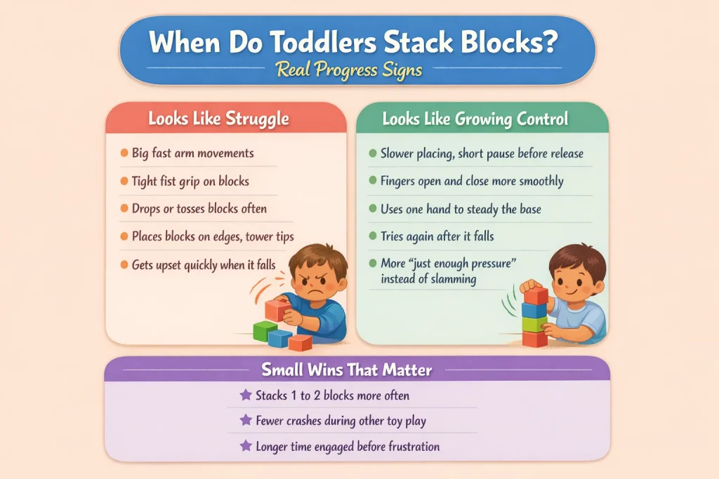 when do toddlers stack blocks infographic showing struggle vs progress signs and small wins in block stacking