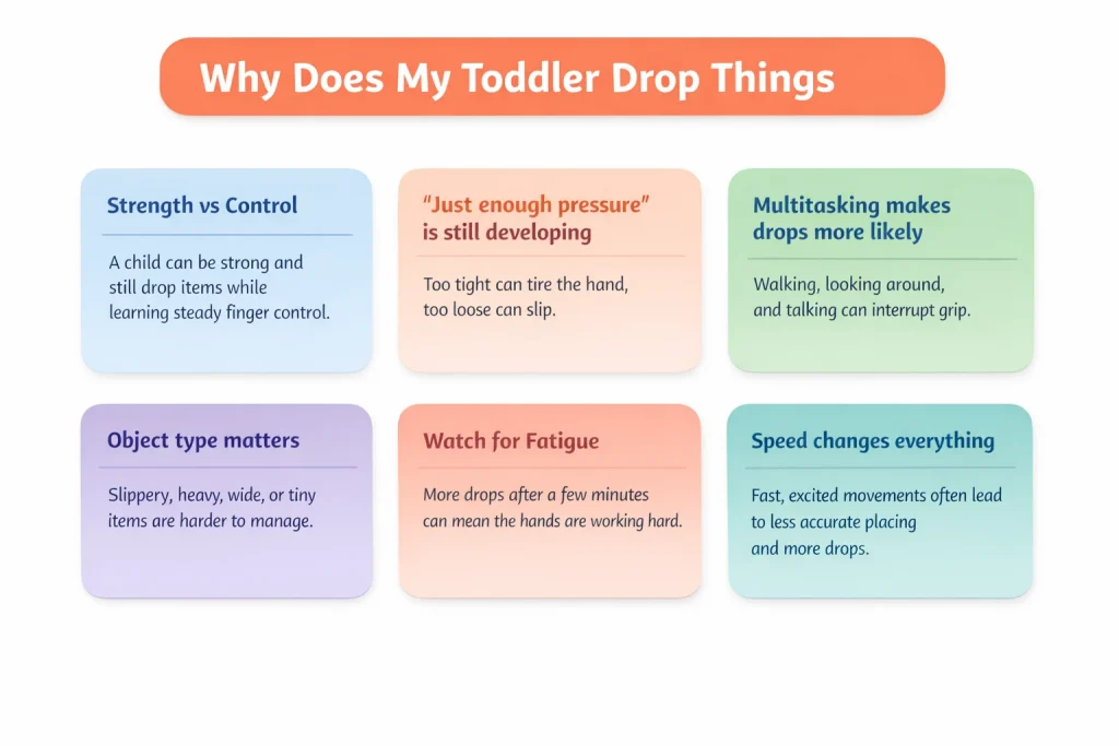 why does my toddler drop things infographic showing common reasons like pressure control, multitasking, fatigue, and object type