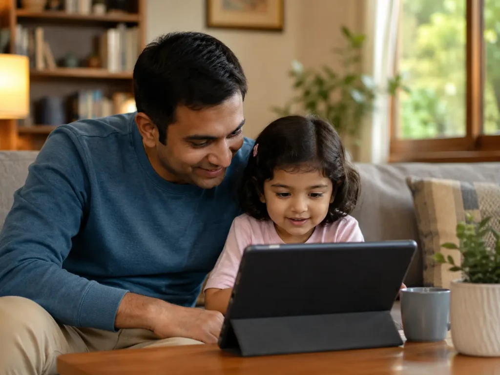 Child and parent watching a word-modelling video on a tablet