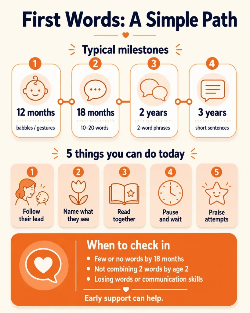 typical first-word milestones, 5 things to do at home, and when to seek support